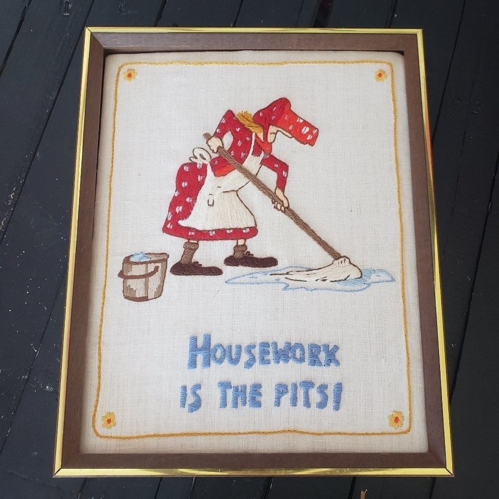 Vintage Handmade Crewel Art Framed Housework is the Pits! Cleaning Mopping Funny